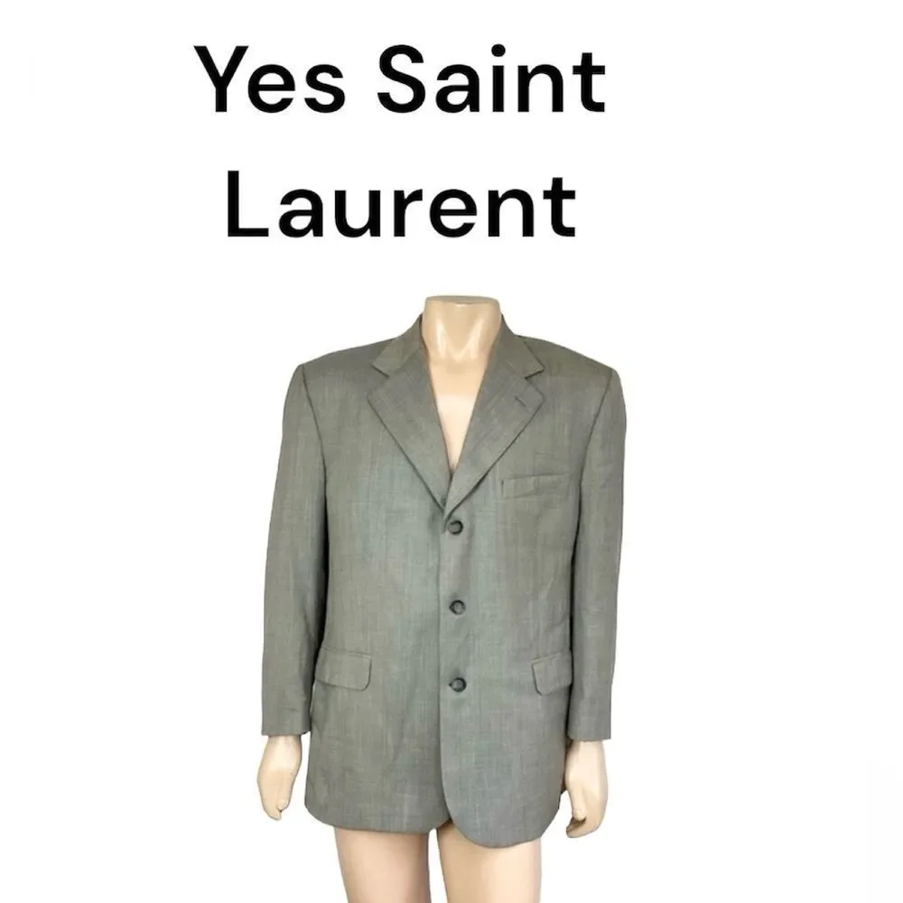 Yves Saint Laurent Vintage Gray Beige Wool 3 Button Front Blazer Coat Suit 54